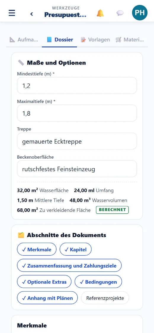Die Maße, mit denen Sie arbeiten: Länge, Breite, Tiefen, Oberflächen…