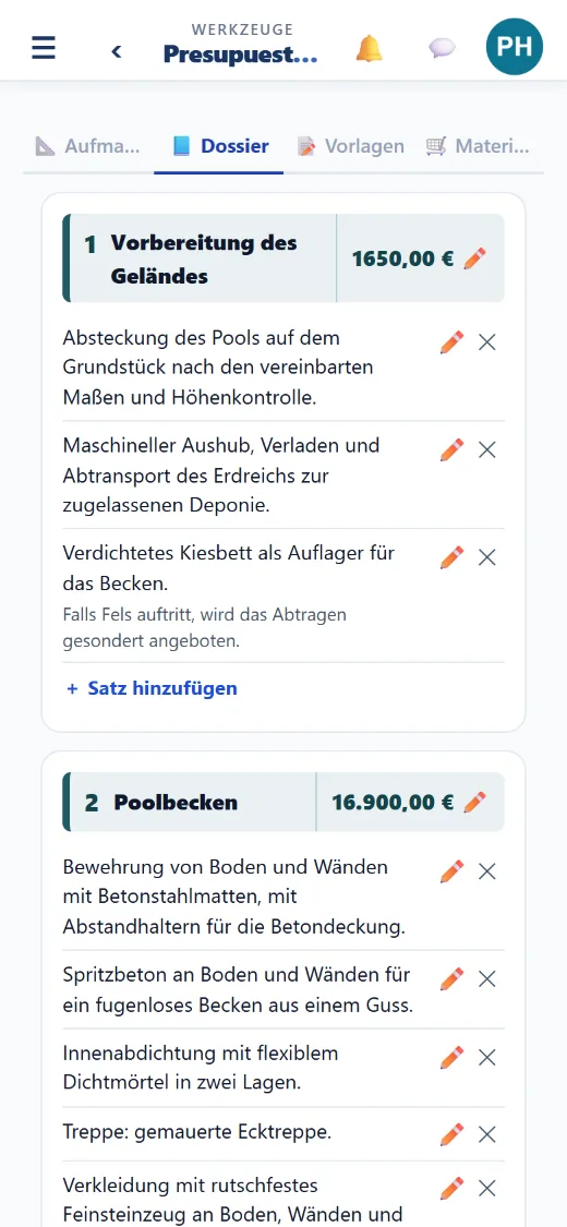 Ihre Positionen mit Preis – pauschal oder aus den Maßen berechnet.