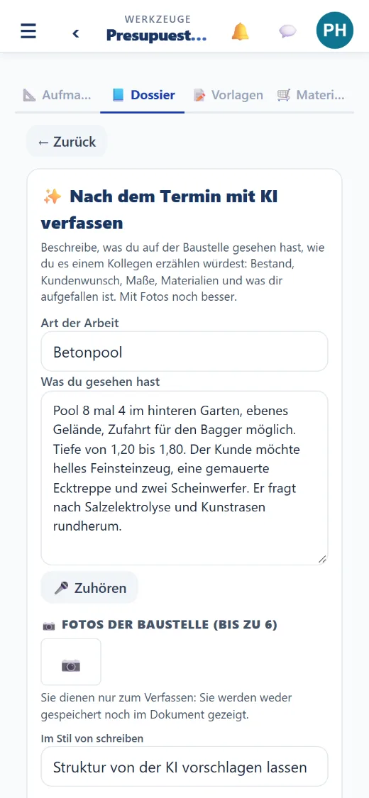 Nach dem Termin erzählen Sie es der KI: Sie schreibt in Ihrem Stil, Sie bestätigen die Preise.