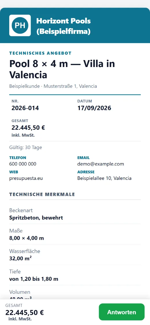 Was der Kunde erhält: Deckblatt des Angebots mit Gesamtbetrag inkl. MwSt.