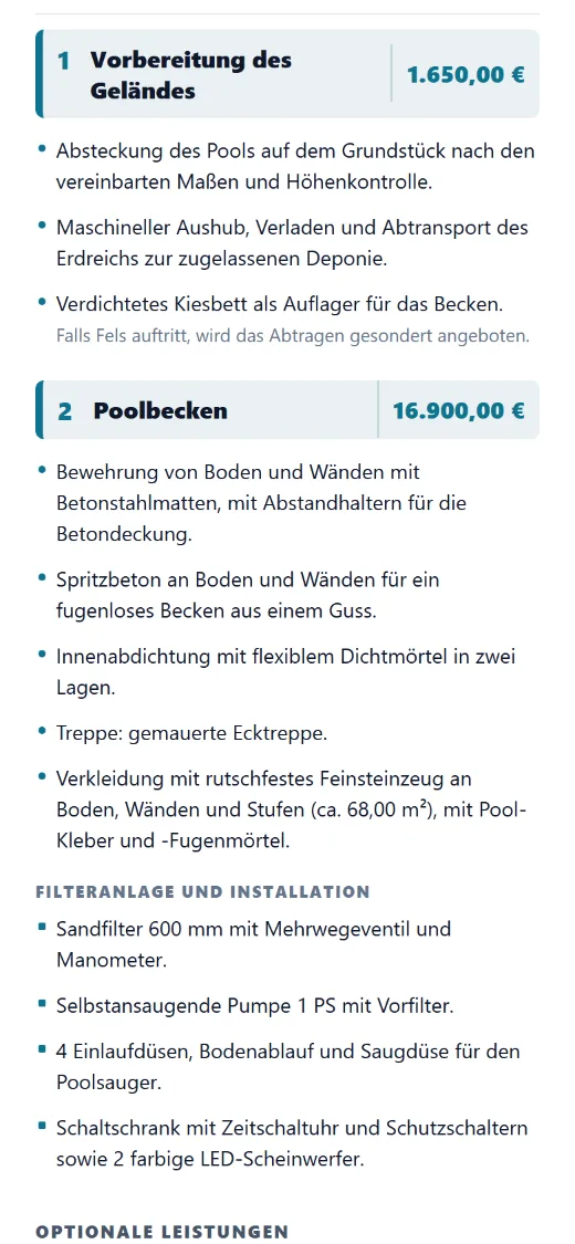 Positionen mit Ihren technischen Texten und den Maßen dieser Baustelle.