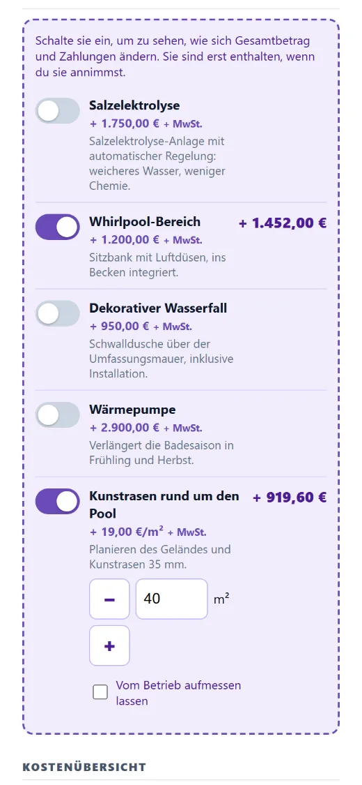 Extras, die der Kunde zuschaltet: Der Gesamtbetrag ändert sich vor seinen Augen.