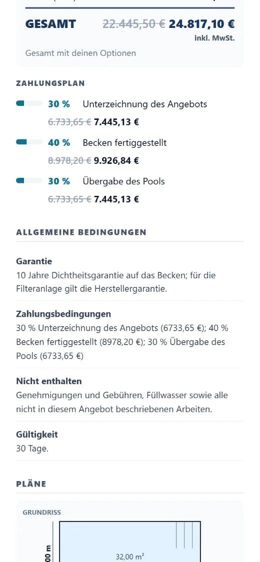 Zahlungsplan, sofort neu berechnet mit den gewählten Extras.
