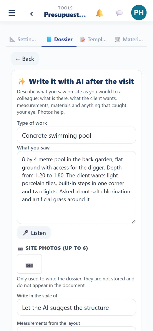 After the visit, tell the AI: it writes in your style and you confirm the prices.