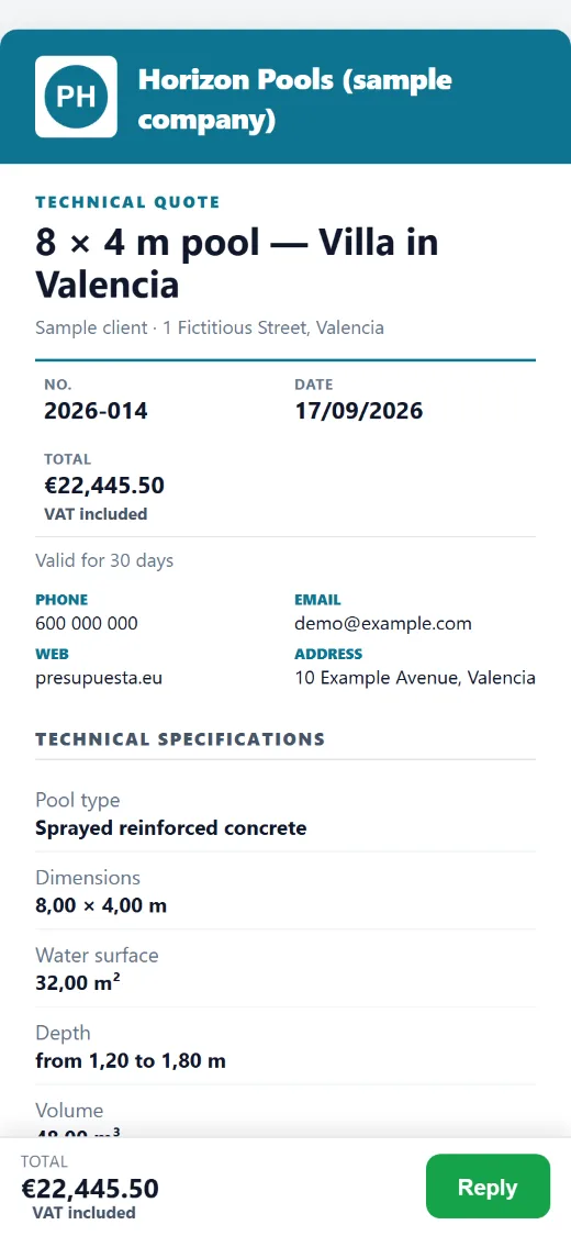 What the client receives: quote cover with the total, VAT included