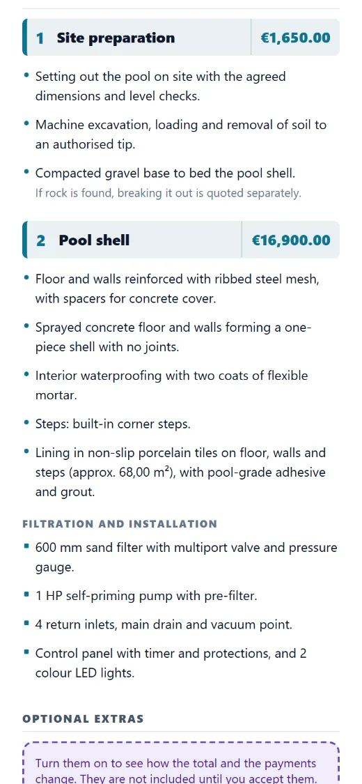 Sections with your technical wording and this job’s measurements filled in.