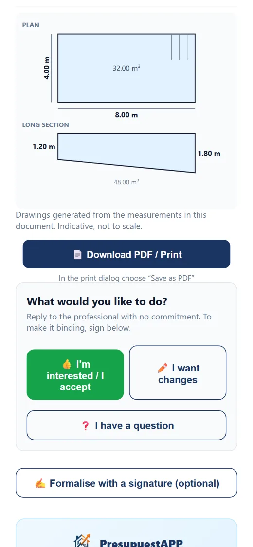 A plan drawn from the measurements in that quote.