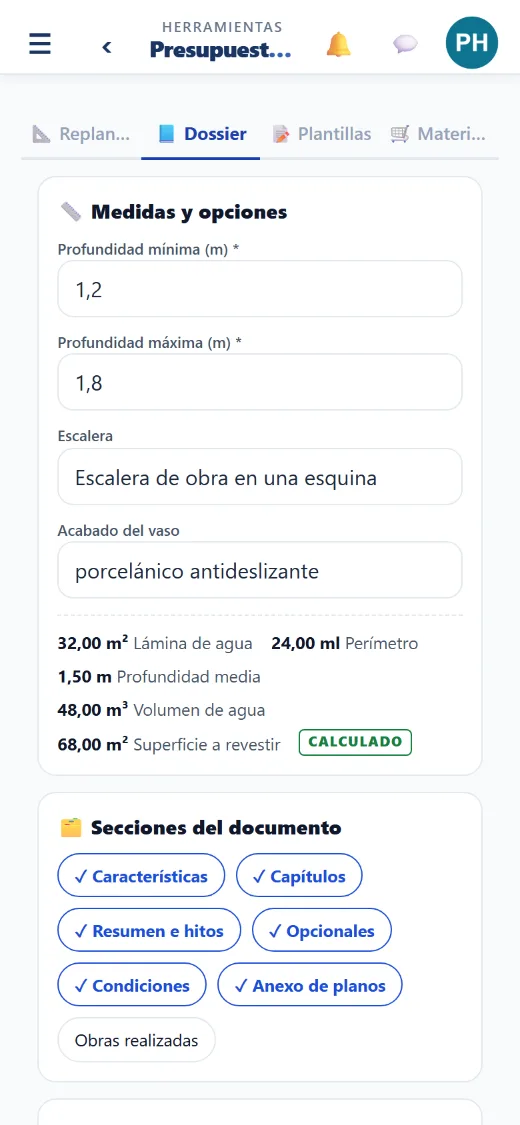 Las medidas que usas tú: largo, ancho, profundidades, acabados…
