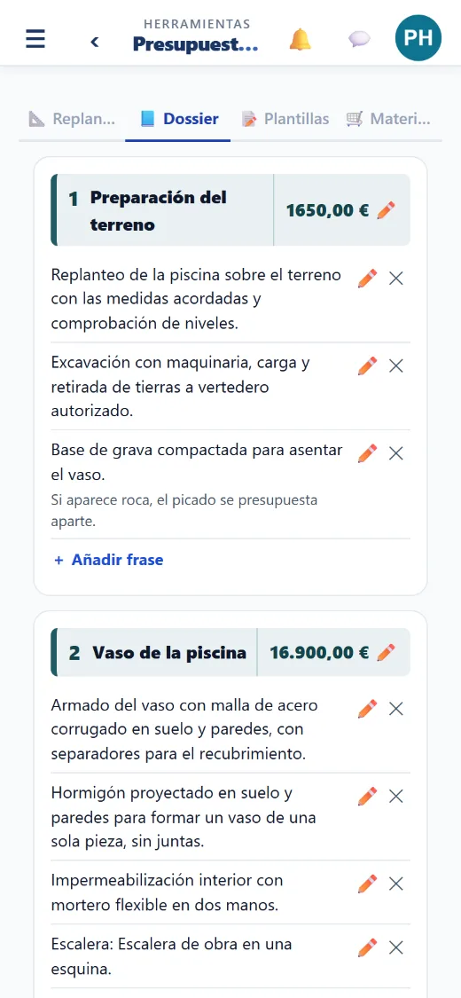 Tus capítulos con su precio, fijo o calculado a partir de las medidas.