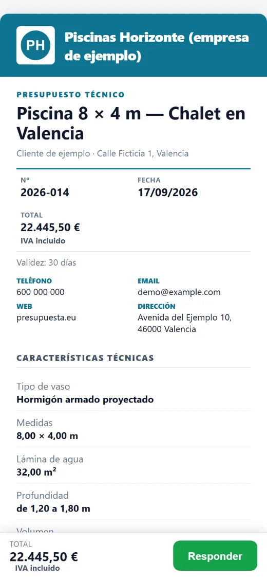 Lo que recibe el cliente: portada del presupuesto con el total e IVA incluido