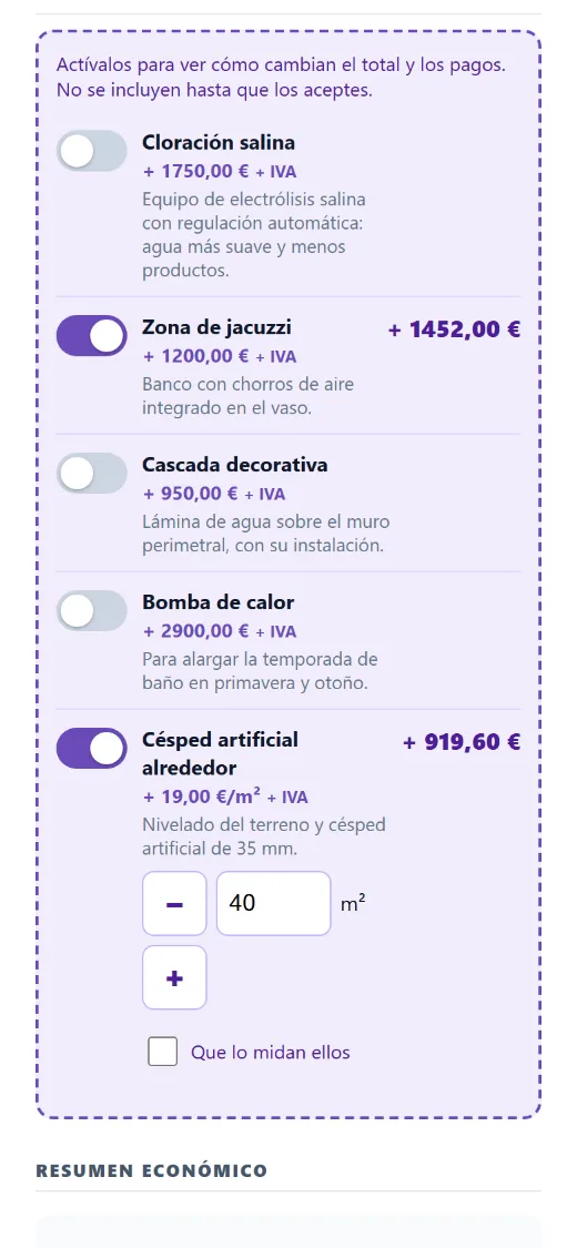 Opcionales que el cliente activa: el total cambia delante de él.