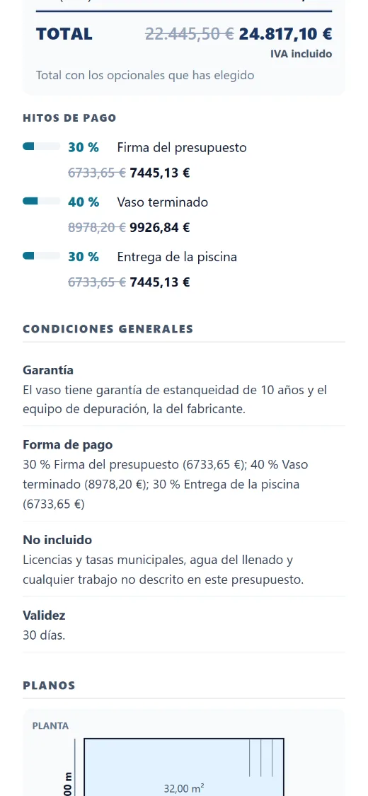 Pagos por hitos recalculados al momento con los extras elegidos.