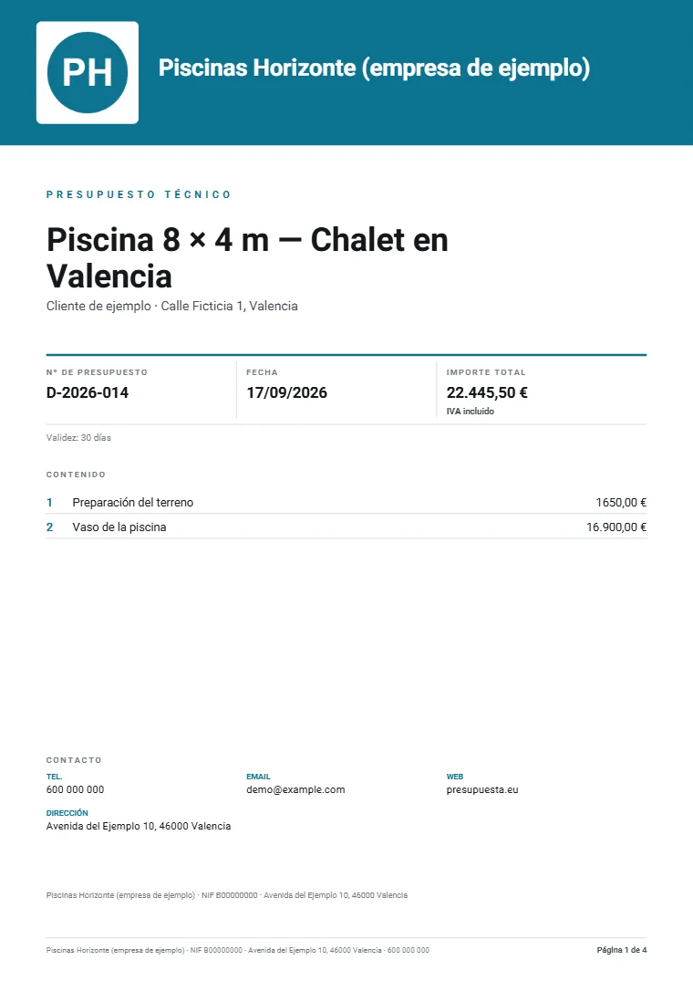 Página 1 del dossier técnico de ejemplo en PDF