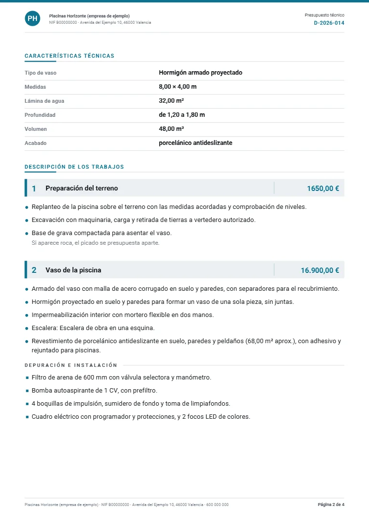 Página 2 del dossier técnico de ejemplo en PDF