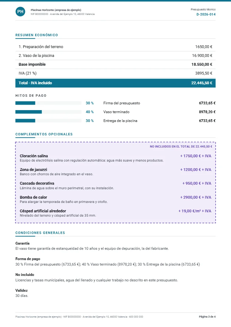 Página 3 del dossier técnico de ejemplo en PDF