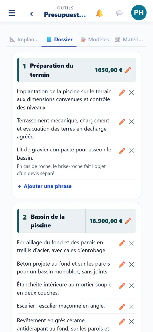 Vos chapitres avec leur prix, forfaitaire ou calculé à partir des métrés.