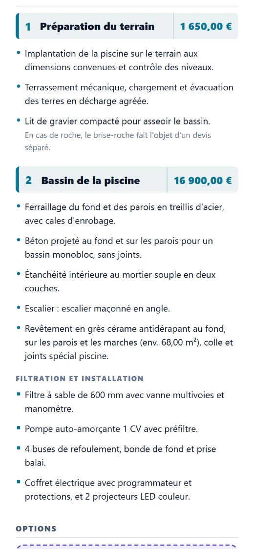 Chapitres avec vos textes techniques et les métrés de ce chantier.