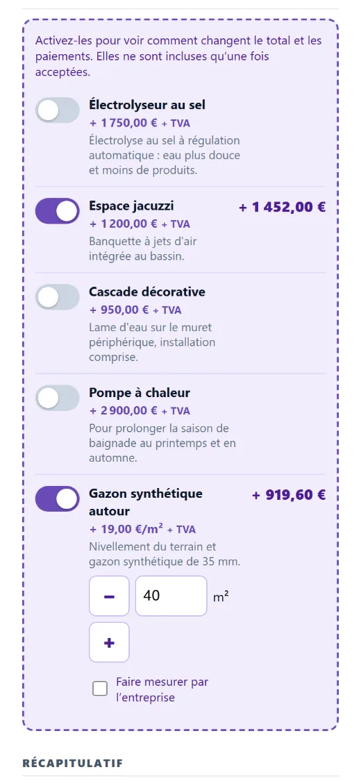 Des options que le client active : le total change sous ses yeux.
