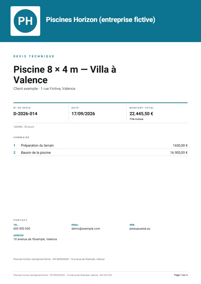 Page 1 du dossier technique d’exemple en PDF