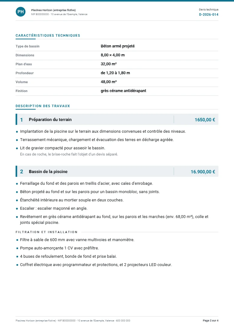 Page 2 du dossier technique d’exemple en PDF