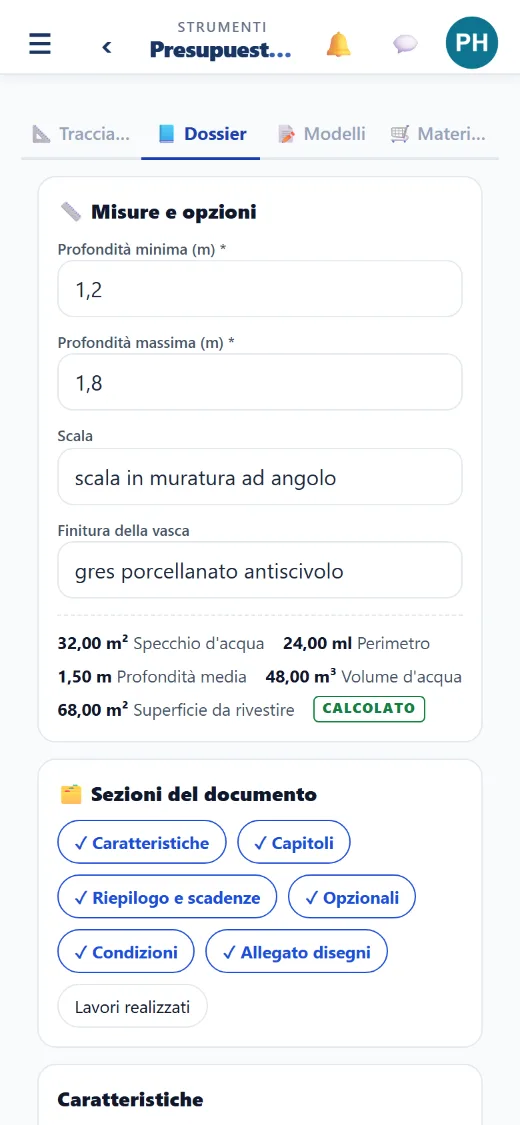 Le misure che usi tu: lunghezza, larghezza, profondità, finiture…
