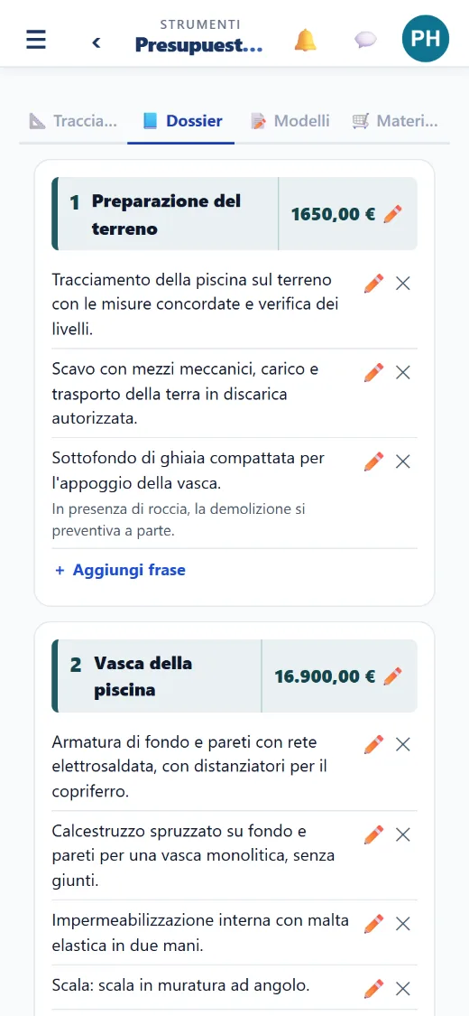 I tuoi capitoli con il loro prezzo, fisso o calcolato dalle misure.