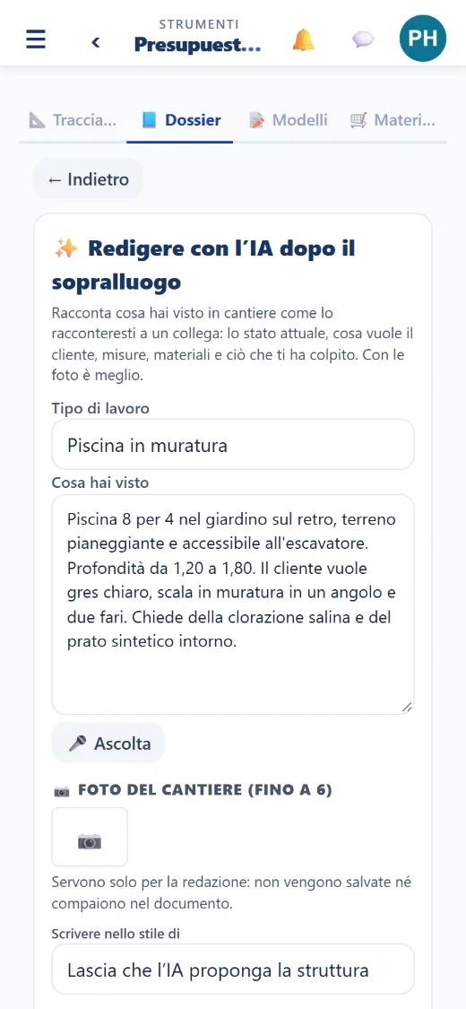Dopo il sopralluogo, raccontalo all’IA: scrive con il tuo stile e tu confermi i prezzi.