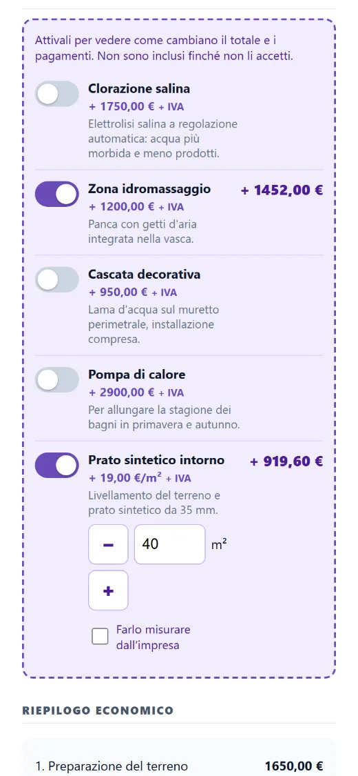 Optional che il cliente attiva: il totale cambia davanti ai suoi occhi.