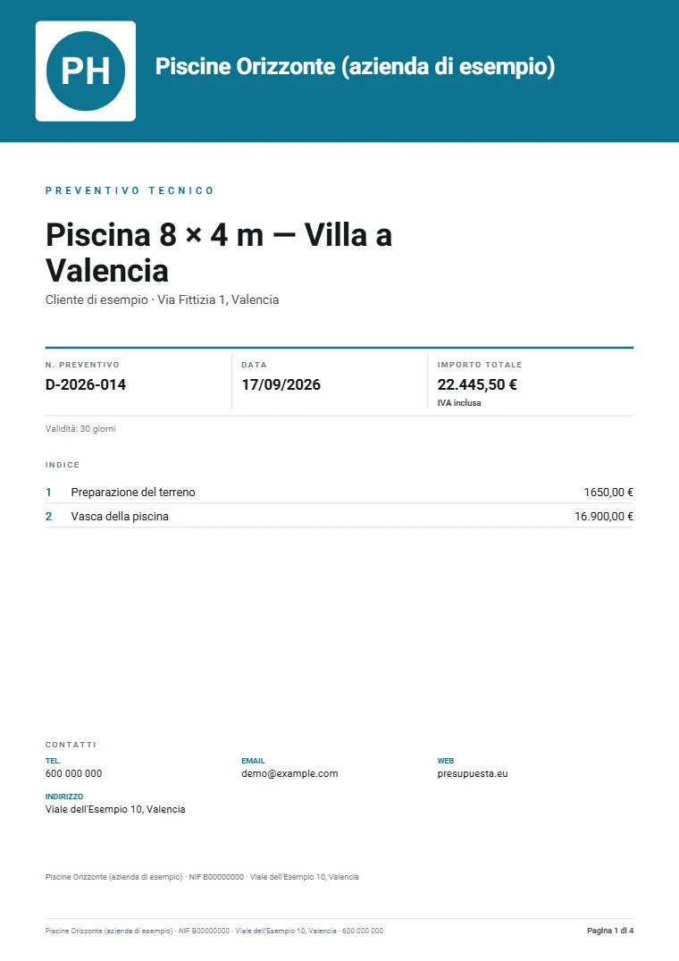 Pagina 1 del dossier tecnico di esempio in PDF