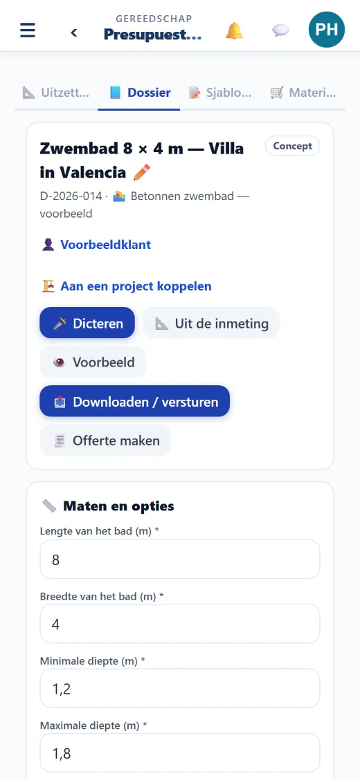 De app op de telefoon: technisch dossier voor een betonnen zwembad
