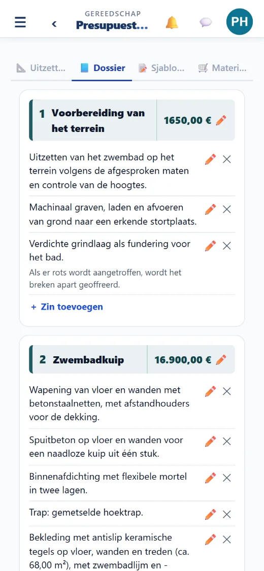 Uw hoofdstukken met hun prijs, vast of berekend uit de maten.