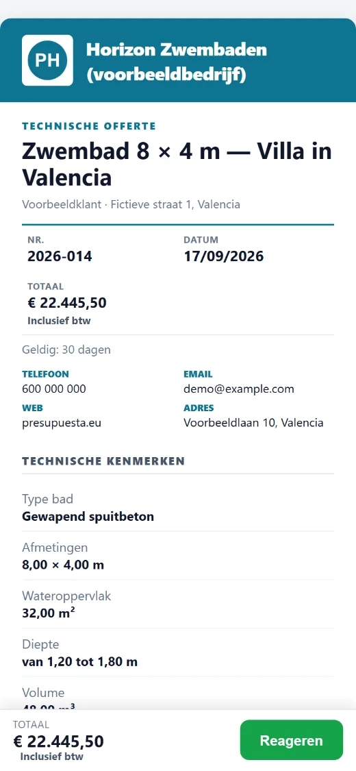 Wat de klant ontvangt: voorblad van de offerte met het totaal inclusief btw
