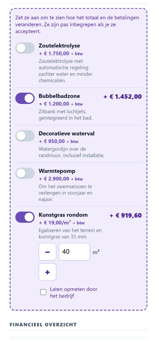 Opties die de klant aanzet: het totaal verandert voor zijn ogen.
