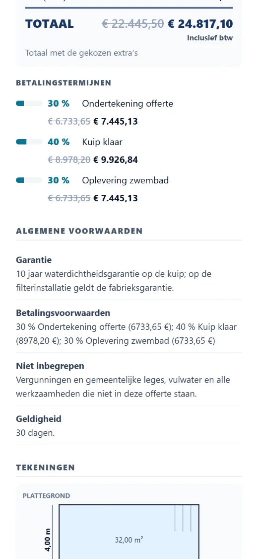 Betalingstermijnen direct herberekend met de gekozen opties.