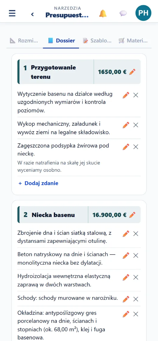 Twoje rozdziały z ceną — stałą lub liczoną z wymiarów.
