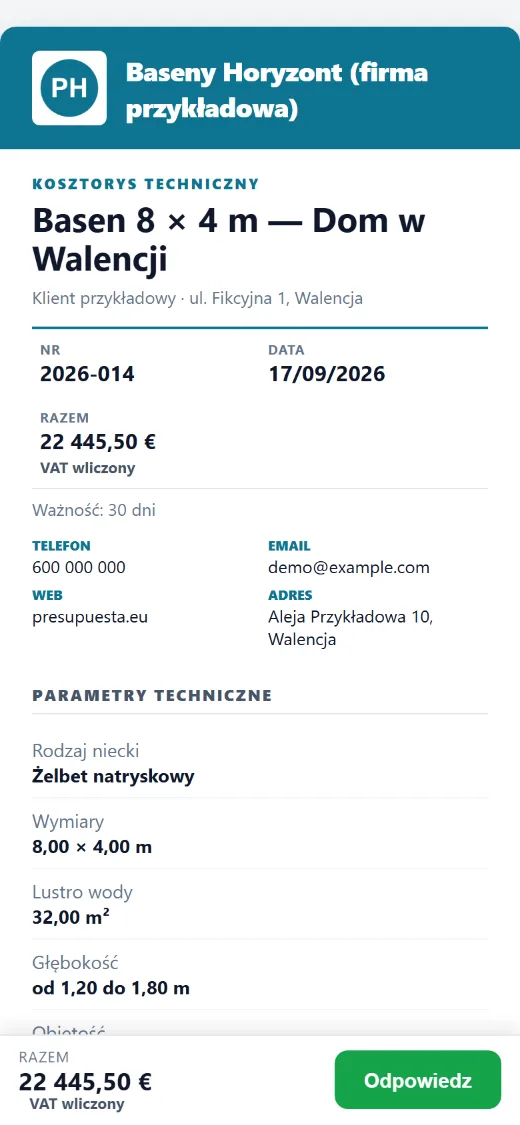 Co otrzymuje klient: strona tytułowa wyceny z kwotą brutto