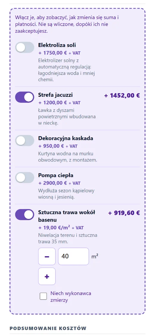 Dodatki, które klient włącza: suma zmienia się na jego oczach.