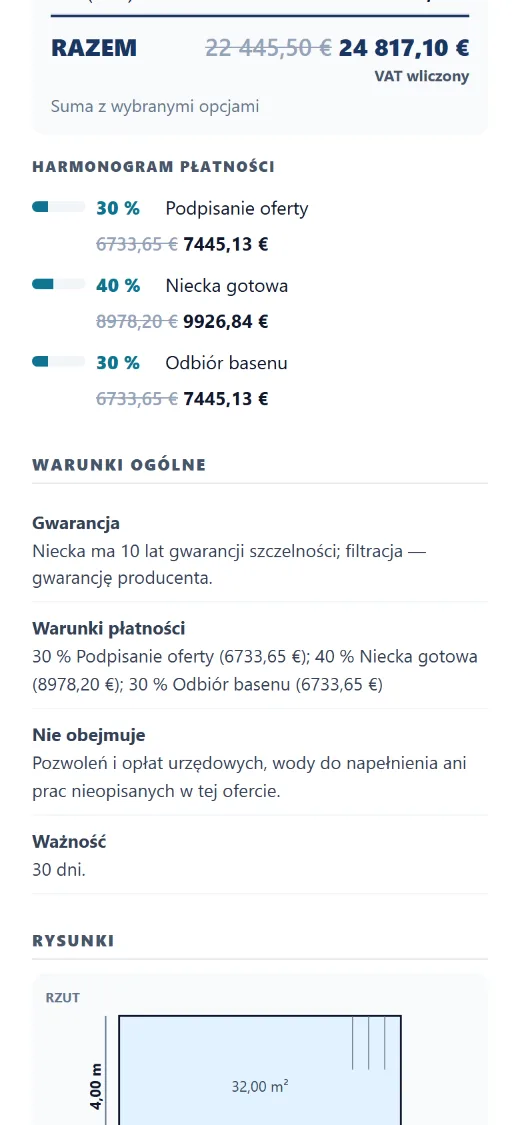 Płatności etapowe przeliczane od razu z wybranymi dodatkami.