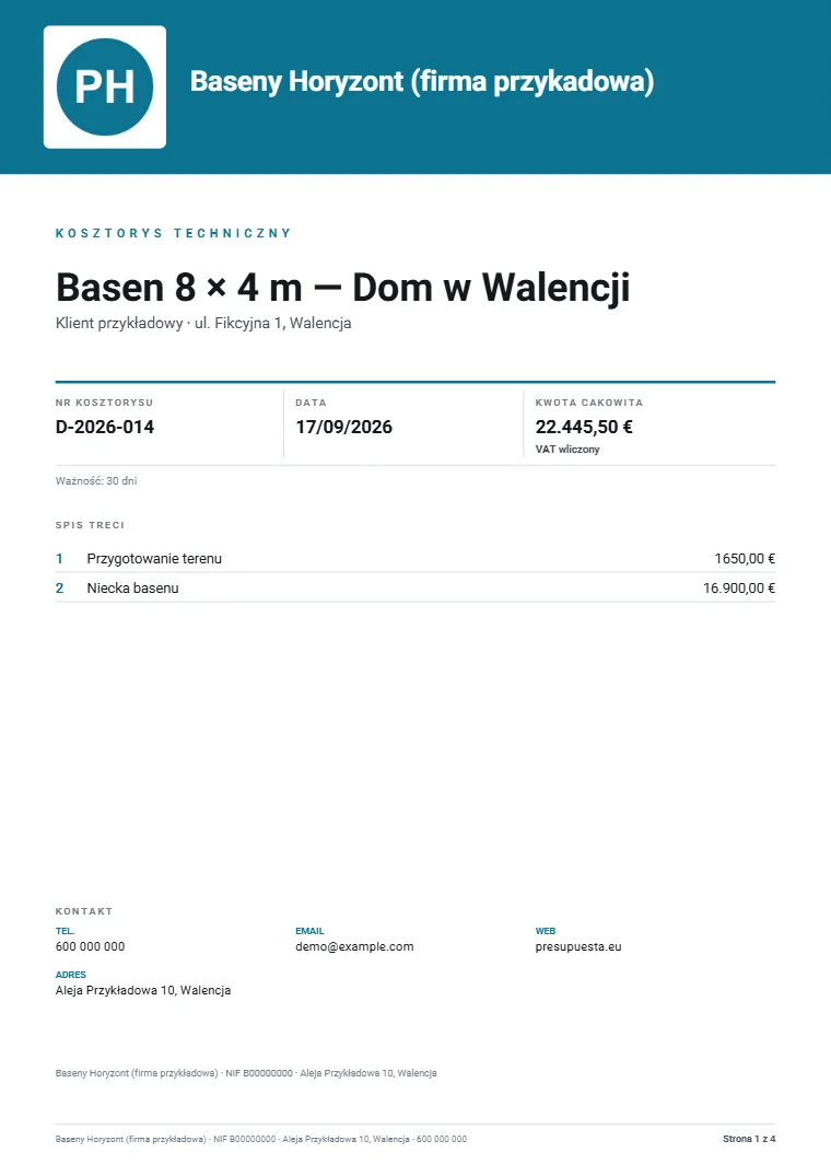 Strona 1 przykładowego dossier technicznego w PDF