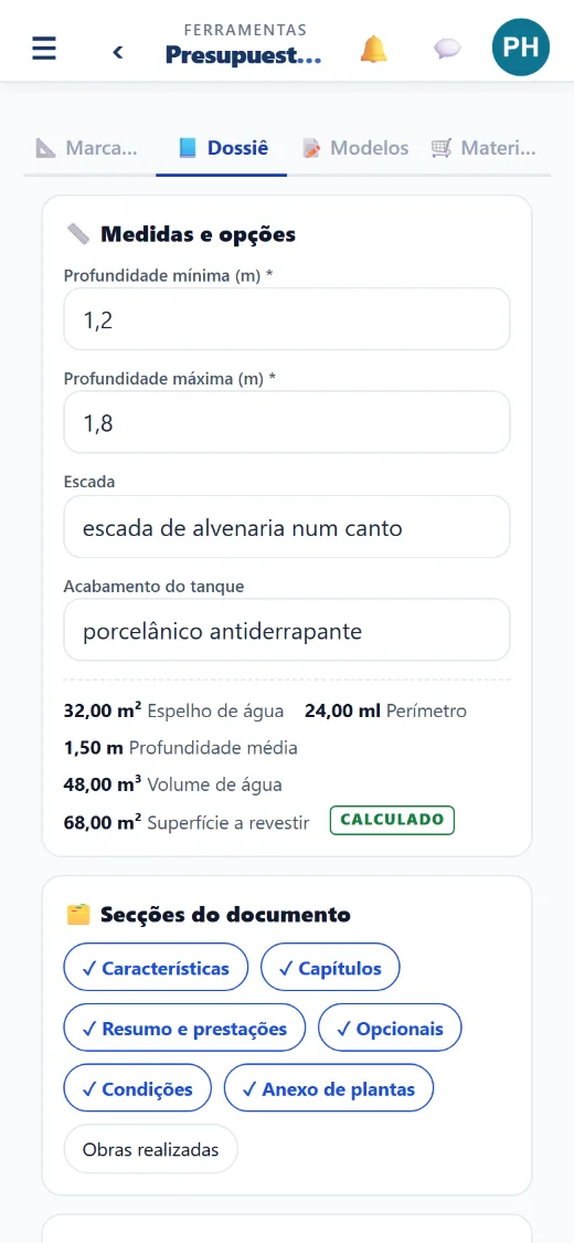 As medidas que usa: comprimento, largura, profundidades, acabamentos…