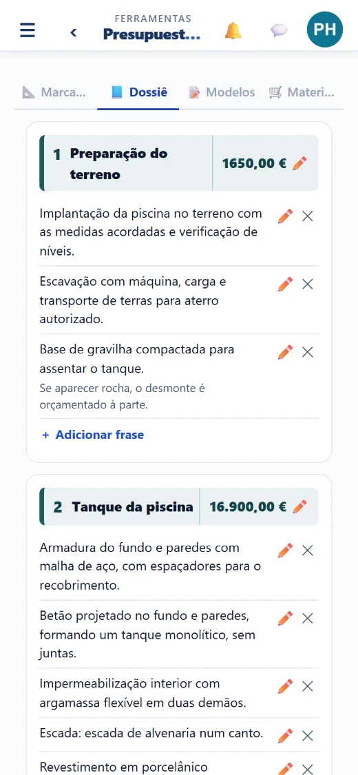 Os seus capítulos com o preço, fixo ou calculado a partir das medidas.
