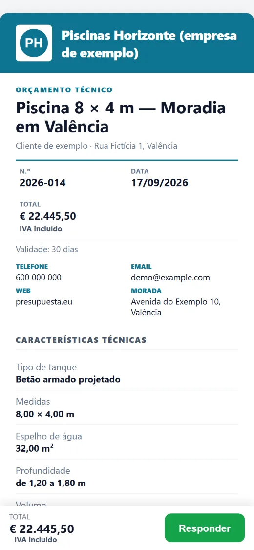 O que o cliente recebe: capa do orçamento com o total e IVA incluído