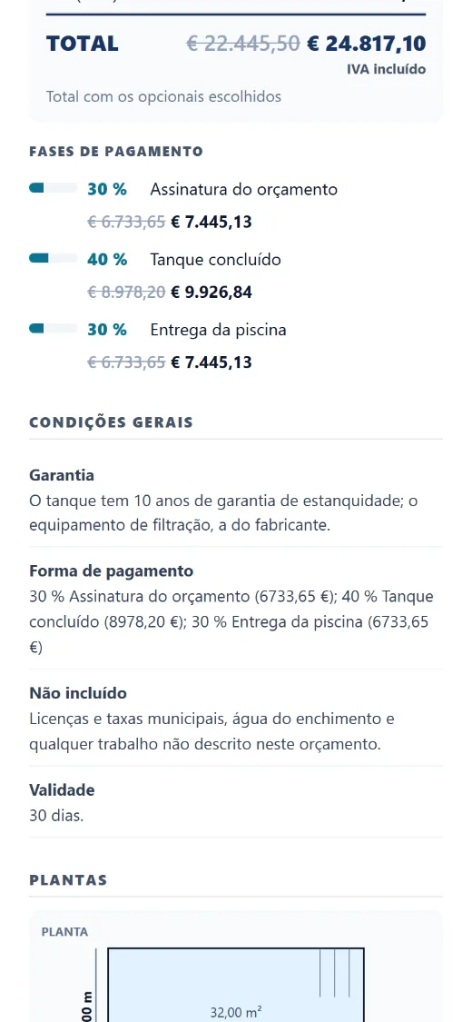 Pagamentos por fases recalculados no momento com os extras escolhidos.