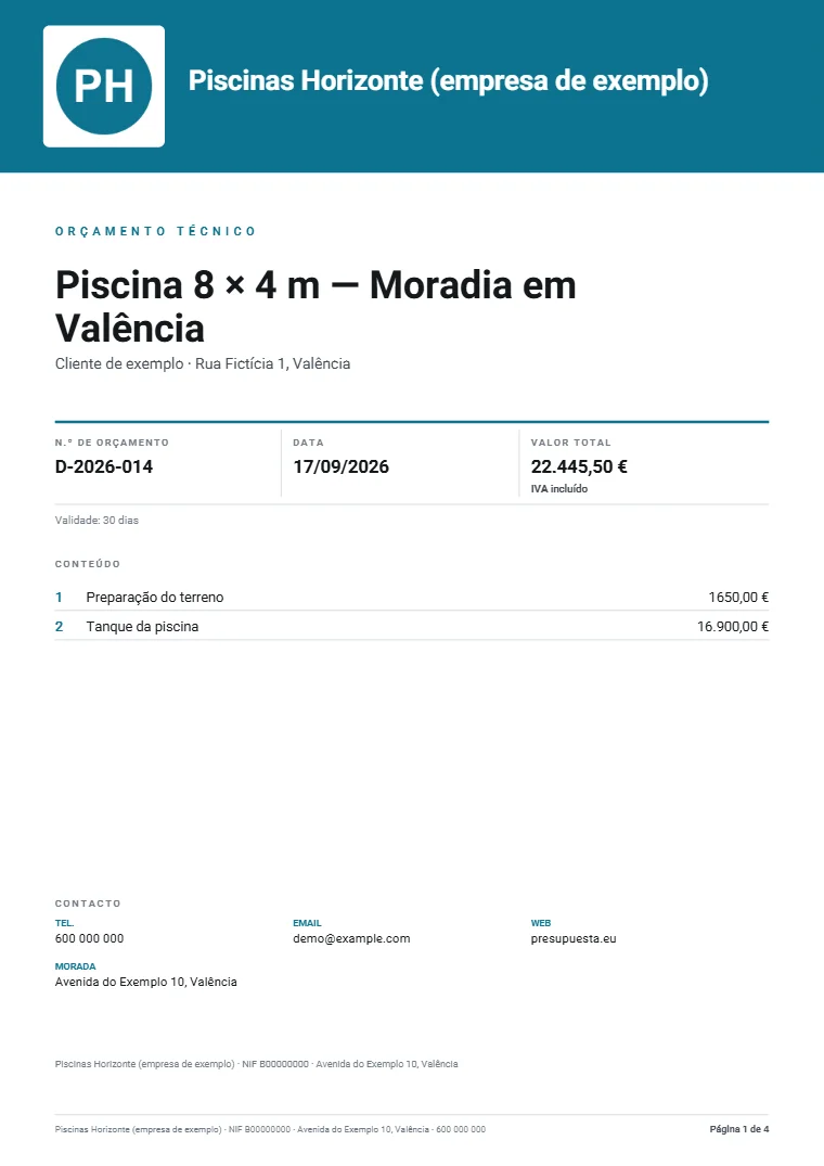 Página 1 do dossier técnico de exemplo em PDF