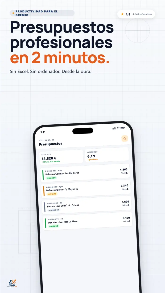 Lista de presupuestos con 14.820€ este mes — interfaz de PresupuestAPP