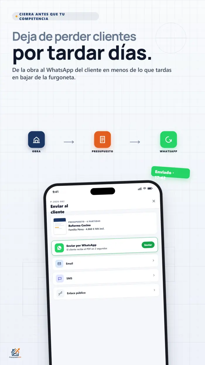 Pantalla de envío de presupuesto por WhatsApp — cliente recibe PDF en 2 segundos