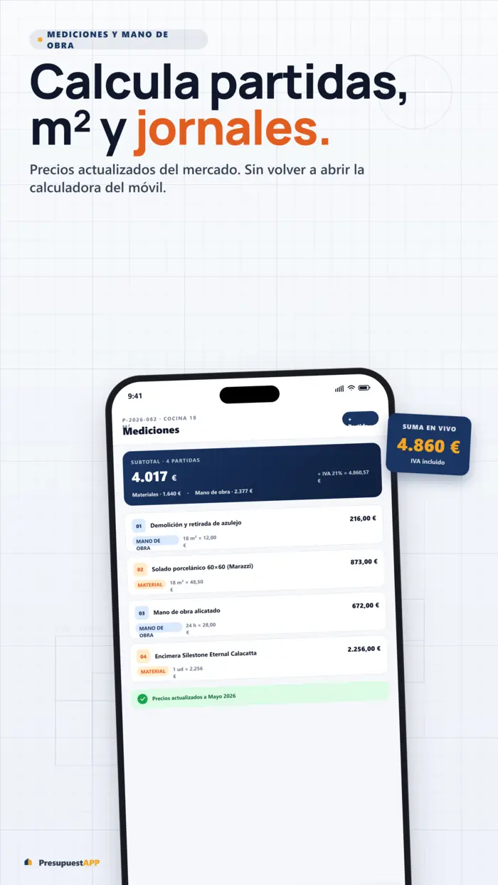 Calculadora de materiales en PresupuestAPP — m², litros de pintura y cajas de azulejos