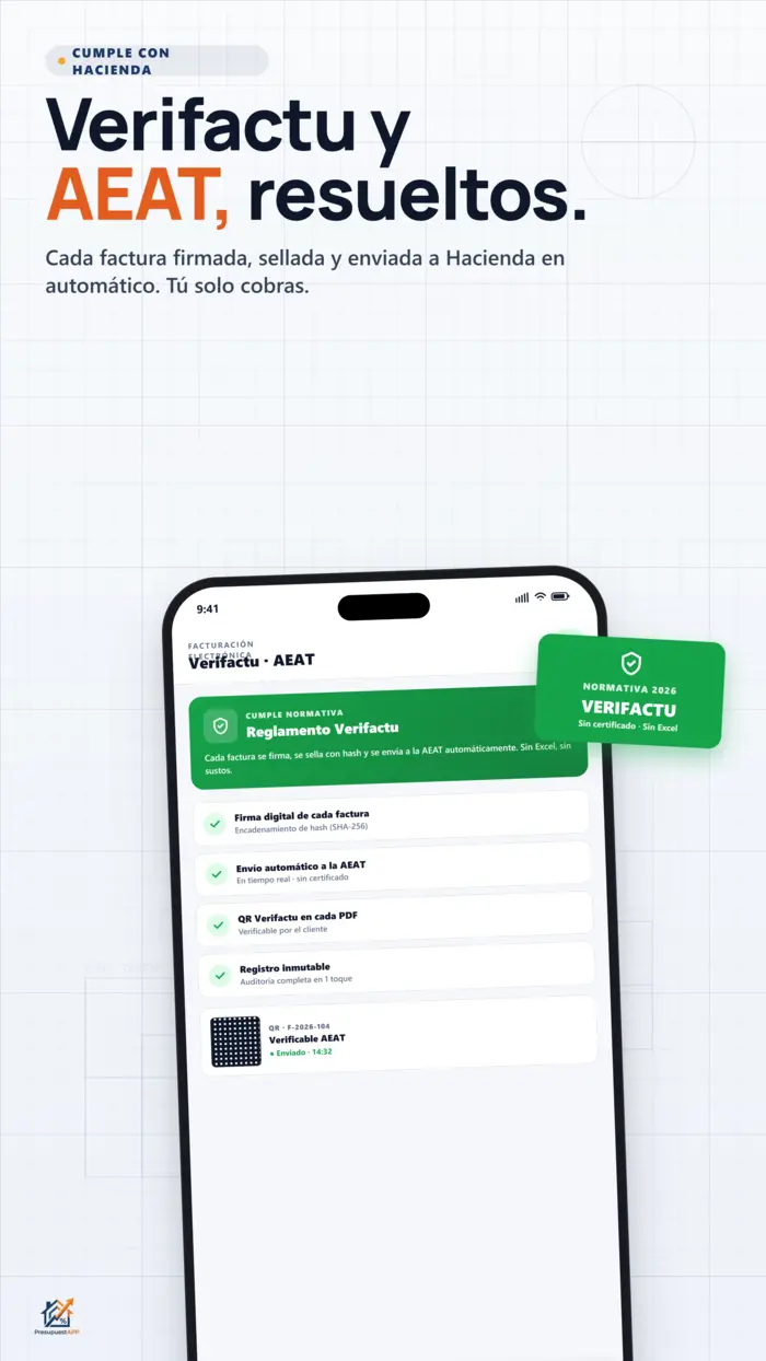 Dashboard Verifactu/AEAT en PresupuestAPP — firma digital, QR y envío automático a Hacienda