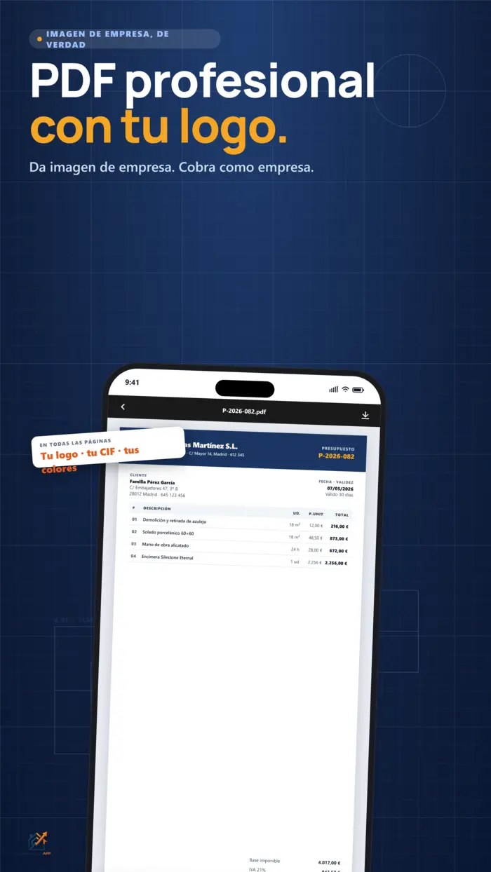 PDF profesional con logo en PresupuestAPP — presupuesto P-2026-082