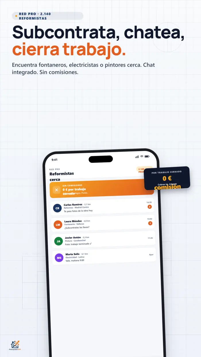 Red Profesional PresupuestAPP — reformistas cerca con chat integrado y 0€ comisión